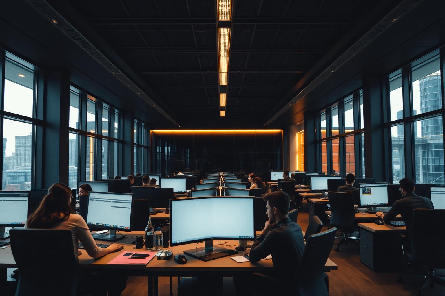 Creative team collaborating in a warm-lit studio